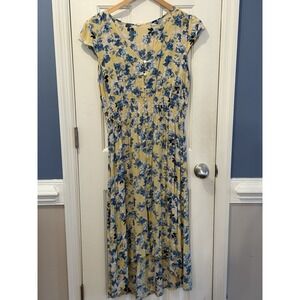 bebop Yellow Blue CottageCore Beachy Coastal Dress Size Large Smocked Waist